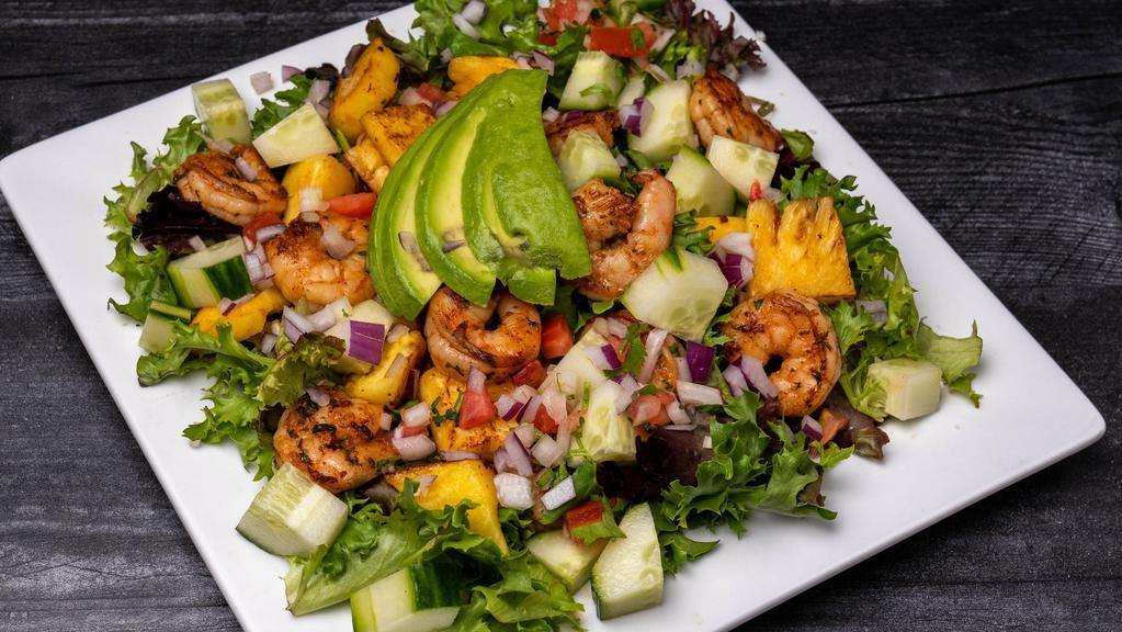 Grilled Shrimp Salad · Shrimp, pineapple, pico de gallo, cucumber and avocado