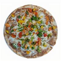 Veggie Mozzarella Pizza · Green, yellow, & red peppers, onions, topped with mozzarella cheese.
