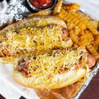 Coney Dog With Fries · Topped with chili, cheese, mustard and onions. Add  a Coney Dog, add-on for $4  more dollars.