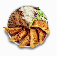 Mandoo Bop · 6 pieces of Mandoo (Korean pot sticker) served with rice, cabbage mix, and noodle.