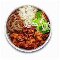 Piggy Bop · Korean style BBQ pork. Served with rice, cabbage mix, and noodle.