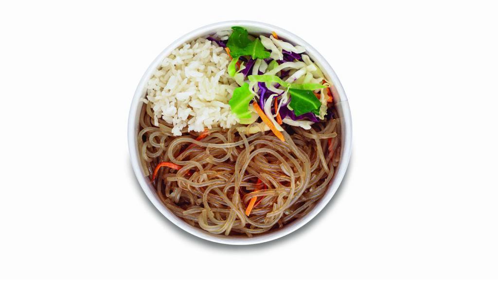Noodle Bop · Korean style sweet potato noodle. Served with rice and cabbage mix. **Vegan without lime sauce and spicy mayo sauce.