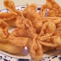Crab Rangoon (6) · Imitation crab meat and cream cheese, wrapped with wonton skin, then deep fried.