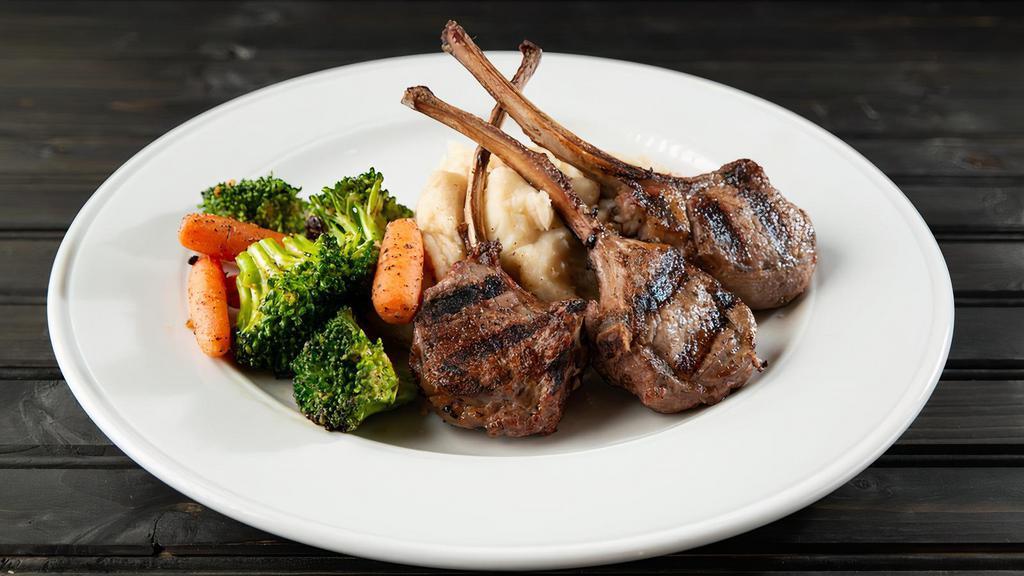 Grilled Lamb Chops · Three USDA Prime grade halal-certified lamb chops, marinated, charbroiled, and served with mashed Potatoes and chef’s sautéed vegetables and our own zip sauce. Add chops for an additional charge.