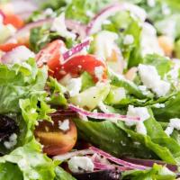Mediterranean Salad · Mixed greens, cucumber, tomato, onions, kalamata olives, green and red peppers, feta cheese,...