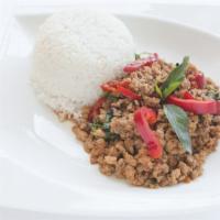 Pad Kra Prow · Stir-fried meat in basil sauce with green bean, onion, bell pepper & basil.