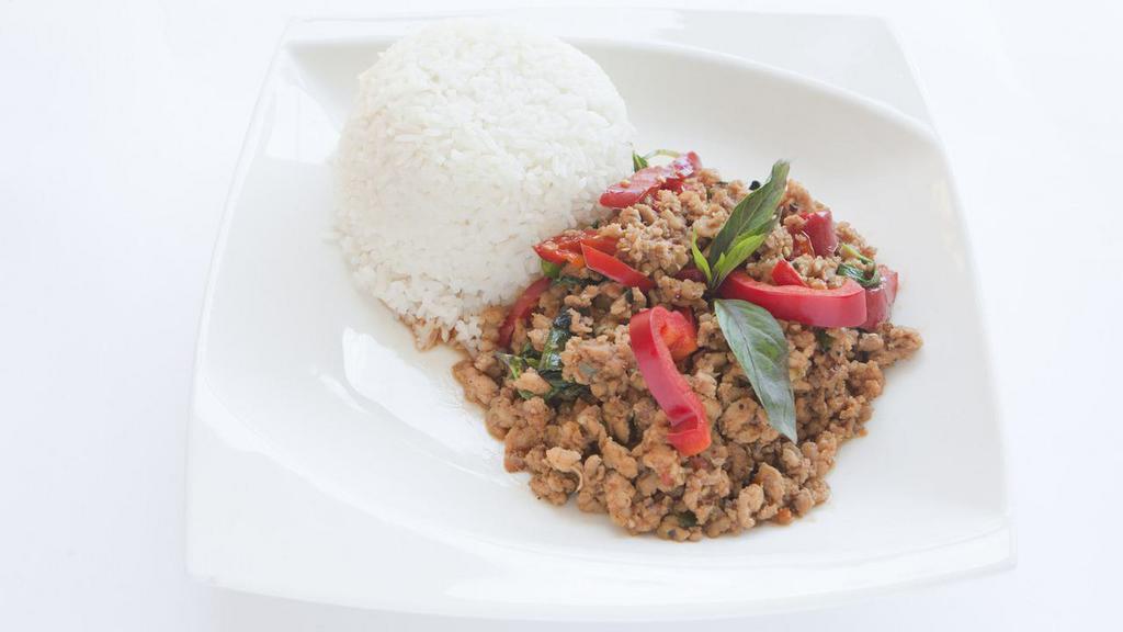 Pad Kra Prow · Stir-fried meat in basil sauce with green bean, onion, bell pepper & basil.