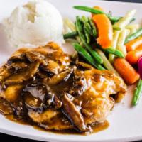 Chicken Marsala · Chicken breast braised with Marsala red wine and mushroom sauce. Served with mashed potatoes...