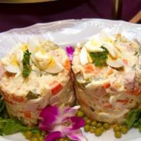 Country Style Traditional 'Olivie' · European style potato salad made with diced boiled potatoes, eggs, carrots, chicken breast, ...