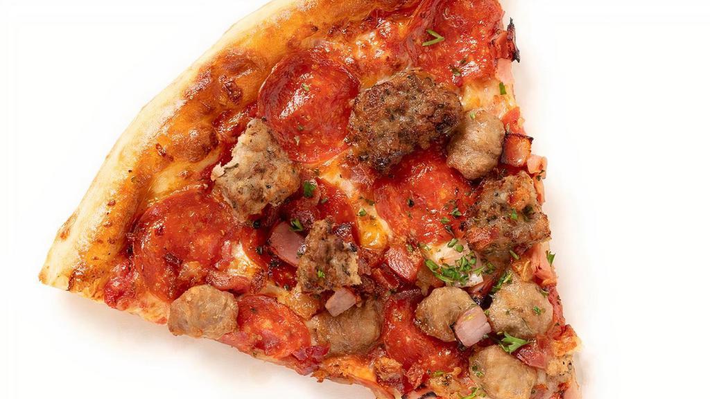 New York Meat Primo Slice · Calling all meat lovers! The Meat Primo Pizza boasts all of the meat you could ever want on a pizza. Meatballs, Italian sausage, pepperoni and ham on top of the tomato sauce you love. Get this tasty pizza delivered to you today.