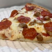 Pan Sausage And Pepperoni Slice · Thick, hand-stretched dough, pan baked, topped with hand-crushed Roman sauce, freshly shredd...