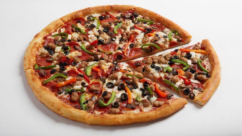 Supremo · San marzano style tomato sauce, traditional pepperoni, Italian sausage, roasted mushrooms, yellow onions, green and red peppers, black olives and 100% whole milk mozz.