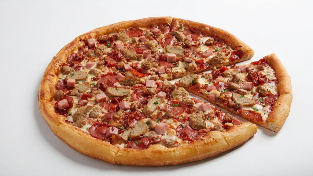 Meat Primo · Meatballs, Italian sausage, pepperoni and ham on top of the tomato sauce you love. Calling all meat lovers! The Meat Primo Pizza boasts all of the meat you could ever want on a pizza