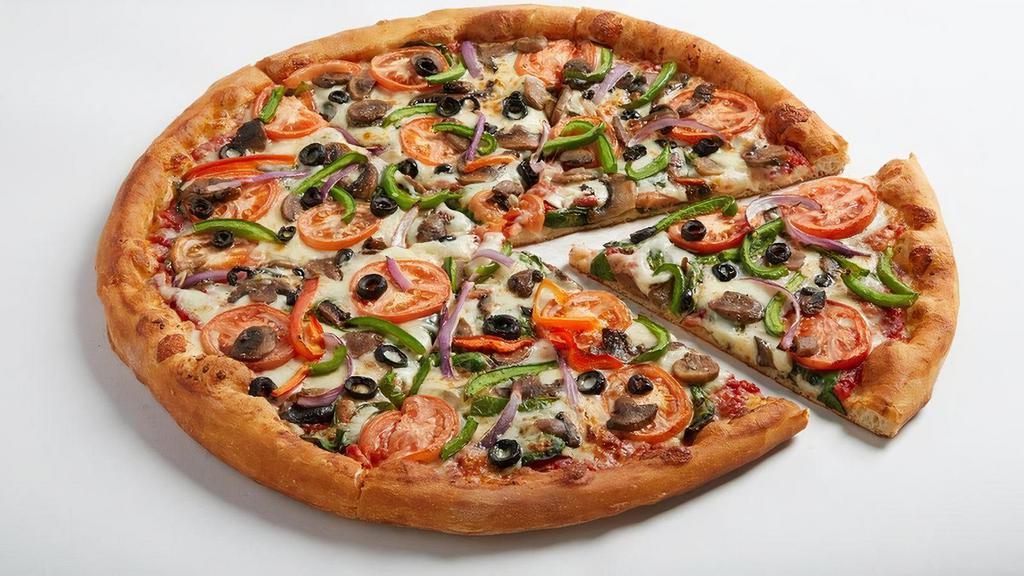 Veggie · San Marzano style tomato sauce, roasted mushrooms, spinach, red onions, green and red peppers, black olives, sliced Roma tomatoes and 100% whole milk mozz.