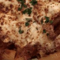 Baked Rigatoni · Rigatoni Pasta Covered with mozzarella cheese and baked. Served with Soup or Salad