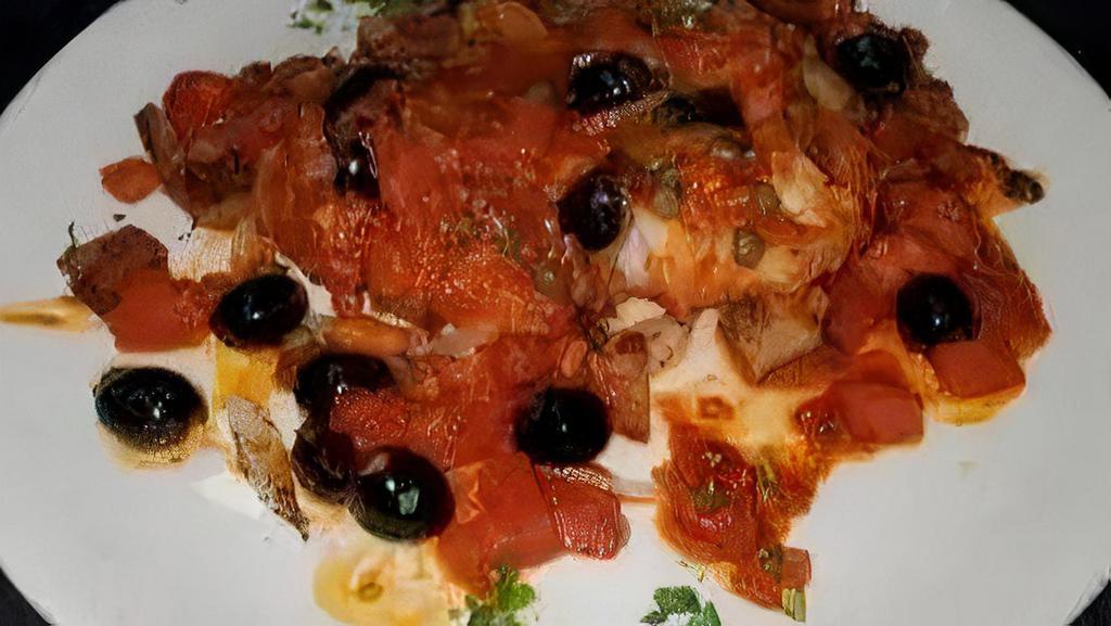 Cod Neapolitan · olive oil, onions, garlic, capers, black olives, fresh tomatoes, dry wine, bay leave