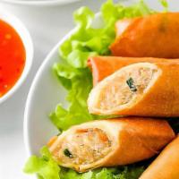 Thai Fried Spring Rolls (4) · Crispy rolls stuffed with chicken, cabbage, carrots, celery and clear noodles served with re...