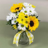 Summer Daisies · White and yellow daisies arranged with sunflowers in a clear glass vase.  Hand arranged and ...