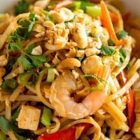 Pad Thai · Hot & Spicy. Stir-fried Thai rice noodle with egg, bean sprout, scallion topped with crushed...