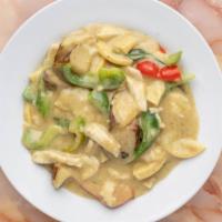 Green Curry · Spicy green curry paste, coconut milk, eggplant, bamboo shoots, bell pepper, and fresh Thai ...