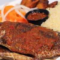 Attieke Fried Fish & Plantain · Couscous cooked to fluffy perfection and served with fried plantain, a whole seasoned fried ...