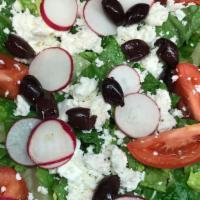 Pan Greek Salad W/ Side House Dressing · Fresh cut Romaine, Tomato, Radish, Kalamata olives, Premium Feta cheese.  Serves  6-8