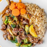 Hibachi Or Teriyaki Steak With Shrimp Or Chicken · Vegetables and rice.