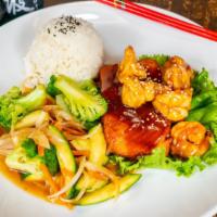 Hibachi Or Teriyaki Salmon N Shrimp · With vegetables and rice.