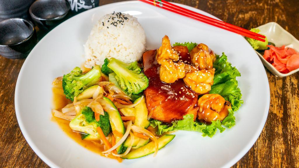Hibachi Or Teriyaki Salmon N Shrimp · With vegetables and rice.