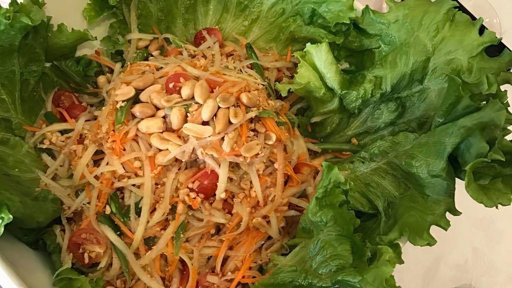 Thai Salad · Romaine heart lettuce, tomato, cucumber, tofu, bean sprouts, carrots and scallions with peanut sauce dressing.