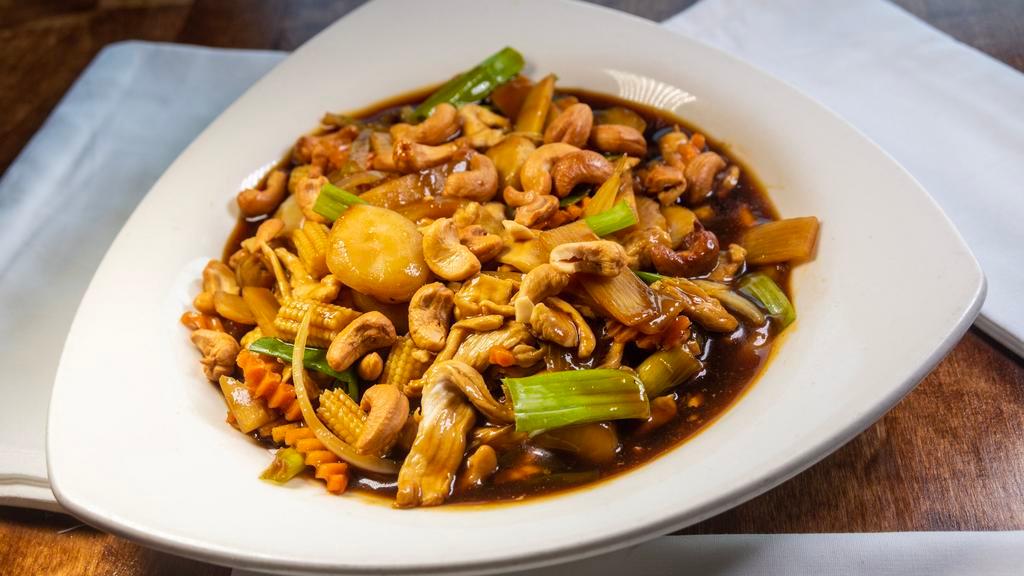 Pad Cashew · Stir-fry with cashew nuts, celery, onions, green onions, carrots, baby corns, water chestnut, and bamboo shoot with our homemade style brown sauce.