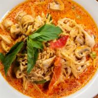 Gaeng Gai (Chicken Curry) · Chicken, bamboo shoots, bell peppers, mushroom and sweet basil leaves, cooked with red curry...