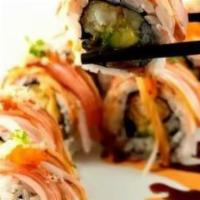 Rochester Hills Roll · Ebi, cream cheese, avocado, cucumber baked with salmon, spicy mayo, eel sauce, and scallions...