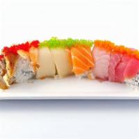 Rainbow Roll · Avocado, krab, cucumber, salmon, red snapper, tuna, white tuna, shrimp, BBQ eel, and three k...