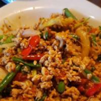 Pad Gra Prow Gai · Mince chicken stir-fry with holy basil, bell peppers, onions, green onions, string bean in b...