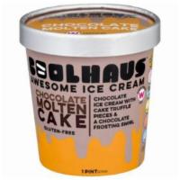 Coolhaus Chocolate Molten Cake Ice Cream (1 Pint) · Rich milk chocolate ice cream with chewy chocolate cake bites and a fudgy swirl.
