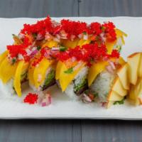 Chili Mango · Spicy tuna, cilantro, jalapeno and avocado with a slice of mango on top, dressed in chili ma...