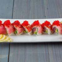 Kamikaze · Spicy tuna, cucumber and avocado over seared tuna topped with spicy mayo, wasabi mayo, sweet...
