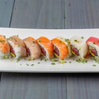 Rainbow · Spicy tuna, cucumber and avocado over assorted fish topped with citrus mayo, garnished with ...