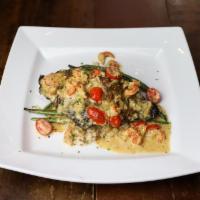 Blackened Catfish · pan seared, dirty rice, sautéed baby green beans, creole beurre blanc with crawfish and grap...