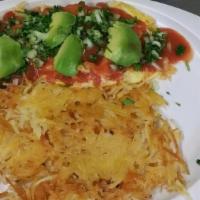 Enchilada Omelette · With onions, tomatoes, cheese, cilantro, avocado, salsa on top, choice of meat