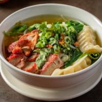 Dumpling Noodles · Shrimp dumplings, egg noodles, Chinese broccoli, bean sprout, and your choice of meat. Serve...