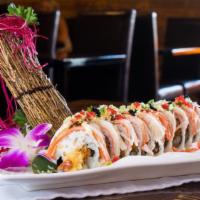Sex On The Beach · Spicy tuna, jalapeno & shrimp tempura topped with crabmeat, crunchy, caviar, drizzled with s...