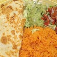 Fajita Quesadilla · Choice steak or chicken. Grilled with fajita veggies beans and cheese. Complemented with pic...