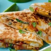 Chicken Quesadilla · Flour Tortilla // Cheddar Jack // Grilled Peppers & Onions // Char-Grilled Chicken // Served...
