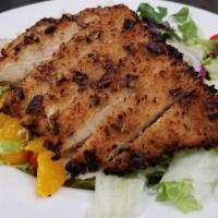 Pecan Chicken · Mixed Greens // Pecan-Encrusted Chicken // Bleu Cheese Crumbles // Dried Cranberries // Mand...