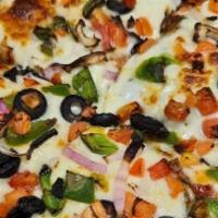 Veggie + Large Square · Tomato // Black Olives // Green Peppers // Red Onions // Fresh Spinach
