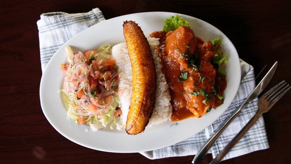 Seco De Pollo · Chicken stew served with rice, salad, sweet plantain and cilantro.