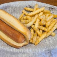 Kids Hot Dog · Served with a drink and choice of french fries or Lays chips.