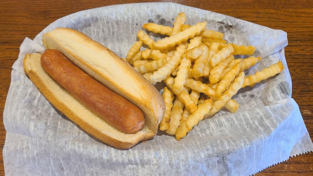 Kids Hot Dog · Served with a drink and choice of french fries or Lays chips.